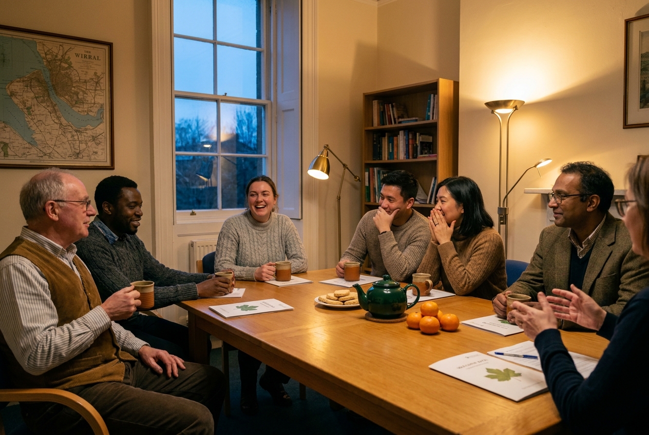 A small group of Trust volunteers at the Trust offices, holding tea, listening at a volunteer welcome evening.
