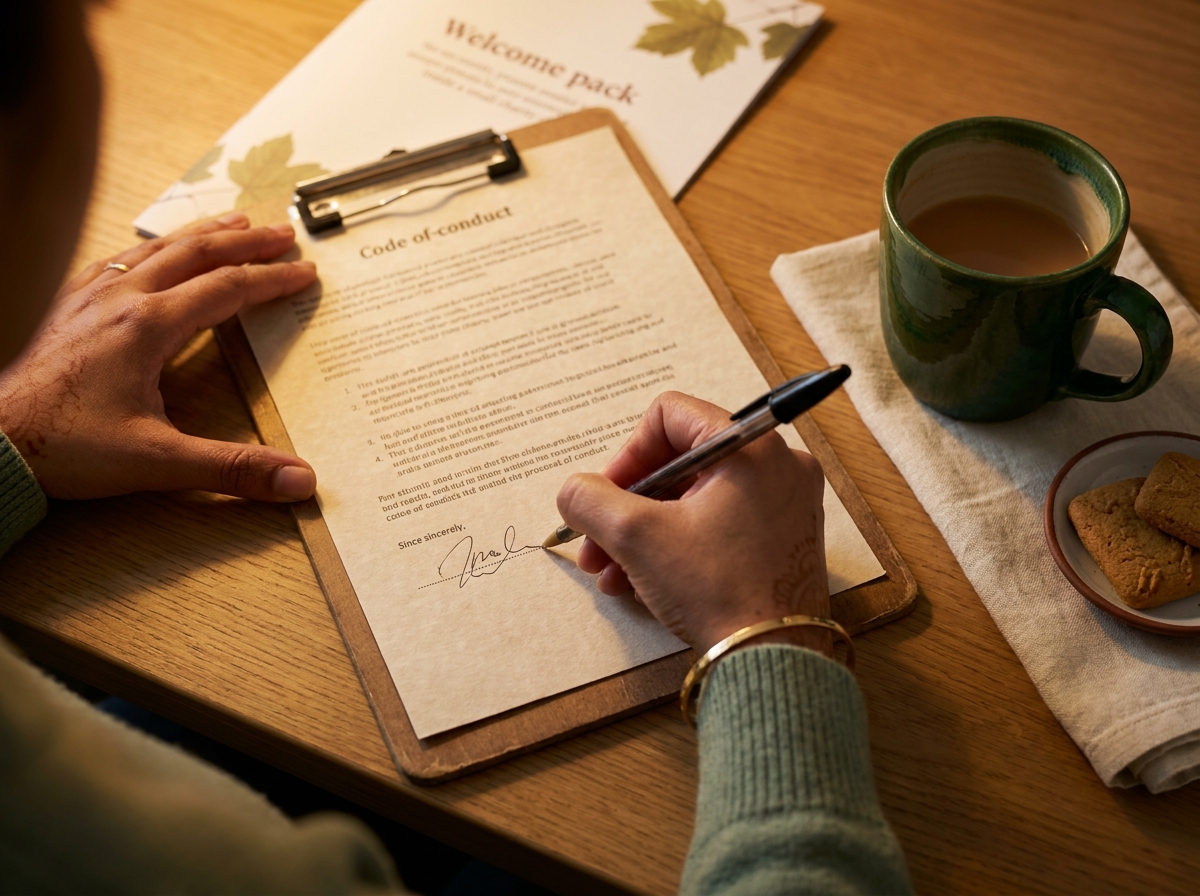 A new volunteer signing the Trust's brief code of conduct on a clipboard at a welcome evening, with a cup of tea beside her.